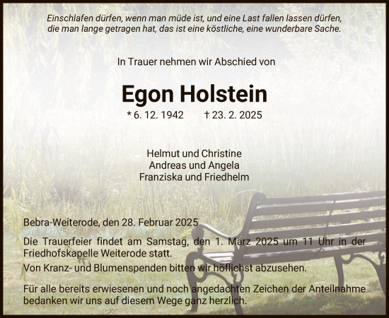 Todesanzeige von Egon Holstein von HNA