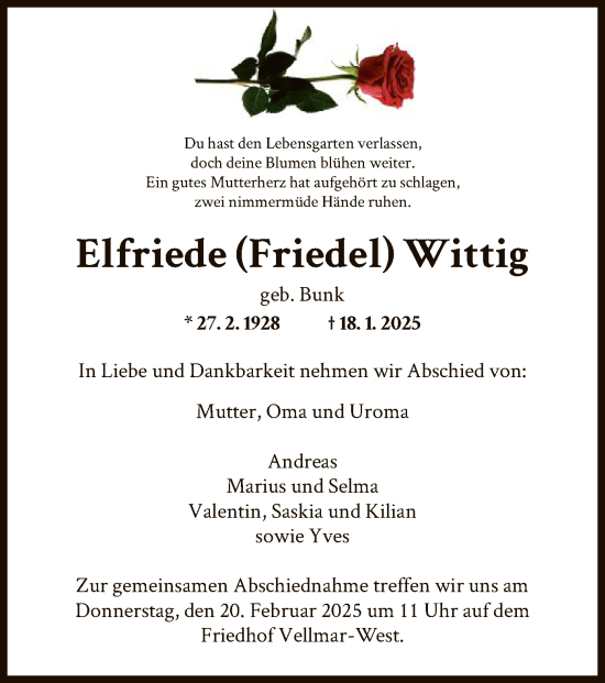 Todesanzeige von Elfriede Wittig von HNA