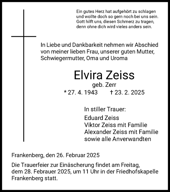Todesanzeige von Elvira Zeiss von HNA