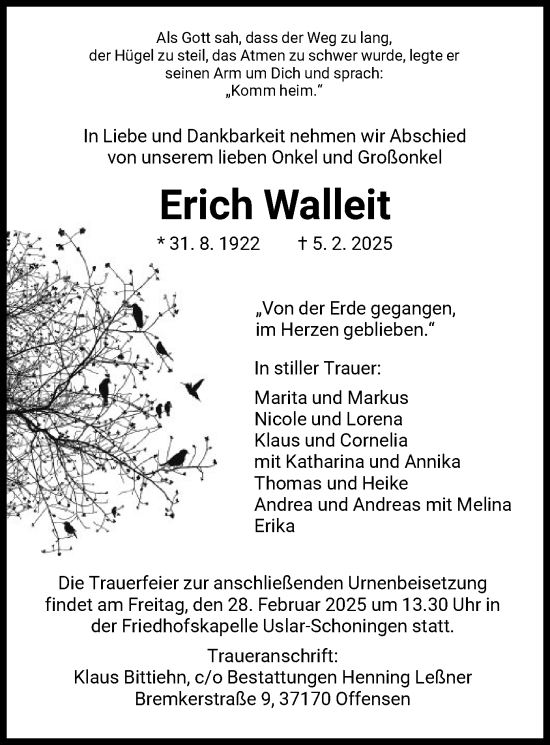 Todesanzeige von Erich Walleit von HNA