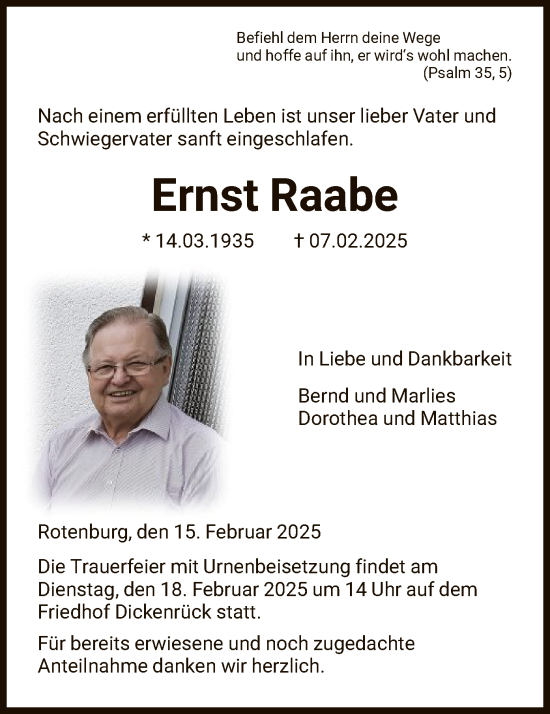 Todesanzeige von Ernst Raabe von HNA