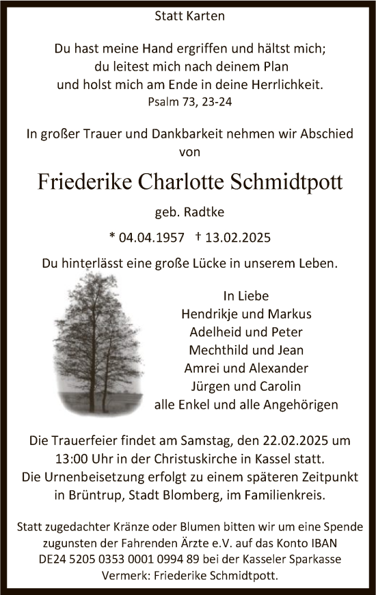 Todesanzeige von Friederike Charlotte Schmidtpott von HNAWRSWRS