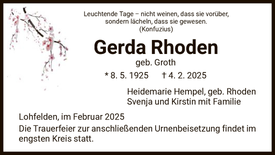 Todesanzeige von Gerda Rhoden von HNA