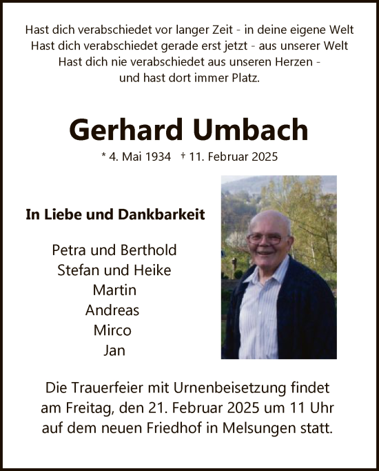 Todesanzeige von Gerhard Umbach von HNA