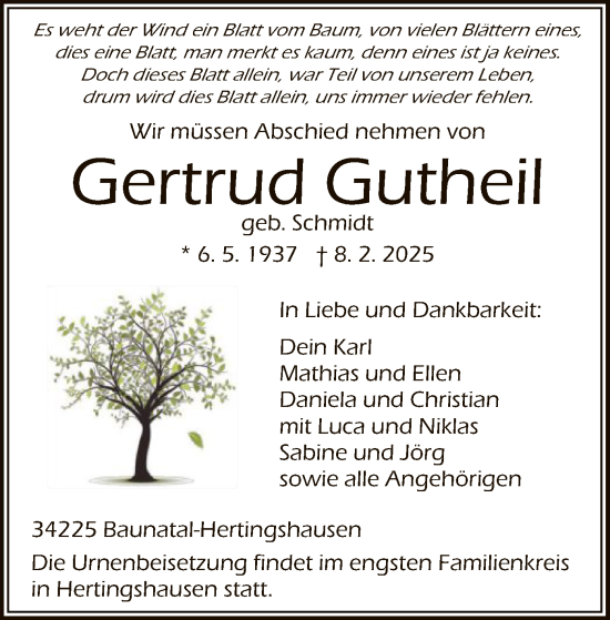 Todesanzeige von Gertrud Gutheil von HNA