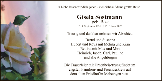 Todesanzeige von Gisela Sostmann von HNA