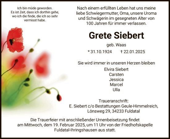 Todesanzeige von Grete Siebert von HNA