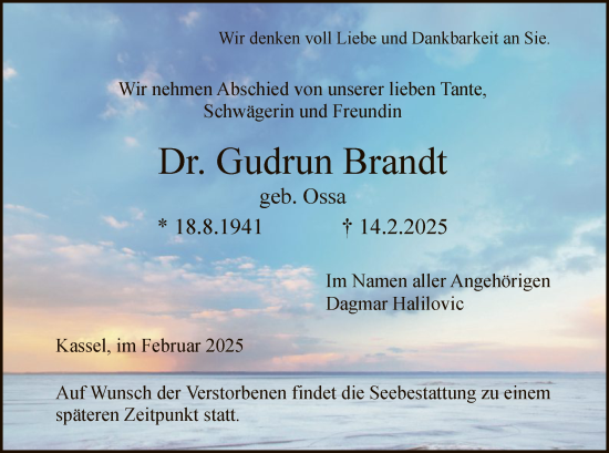 Todesanzeige von Gudrun Brandt von HNA
