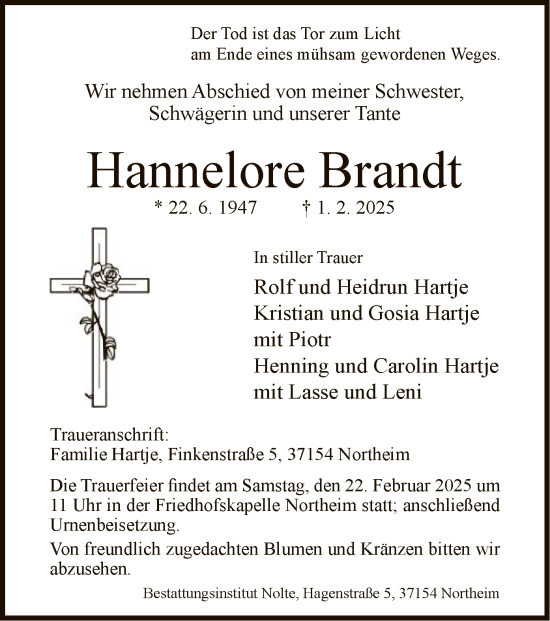 Todesanzeige von Hannelore Brandt von HNA