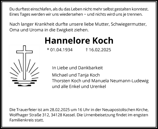 Todesanzeige von Hannelore Koch von HNA