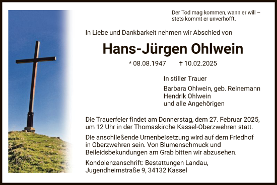 Todesanzeige von Hans-Jürgen Ohlwein von HNA