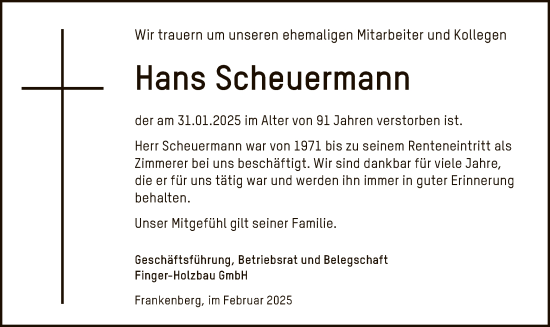 Todesanzeige von Hans Scheuermann von HNA