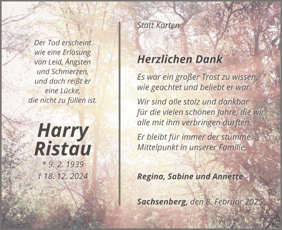 Todesanzeige von Harry Ristau von WLZHNA