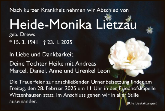 Todesanzeige von Heide-Monika Lietzau von HNA