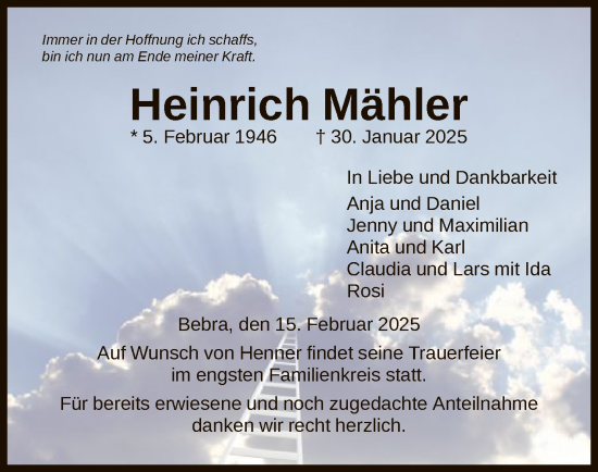 Todesanzeige von Heinrich Mähler von HNA