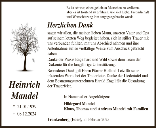 Todesanzeige von Heinrich Mandel von HNA