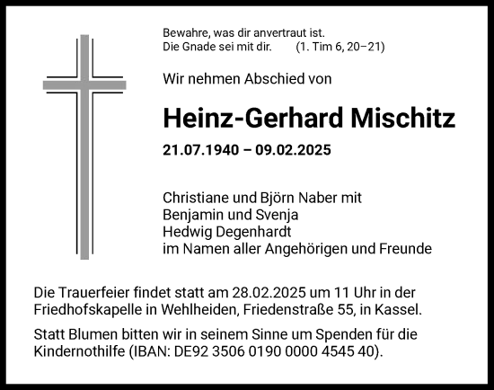 Todesanzeige von Heinz-Gerhard Mischitz von HNA
