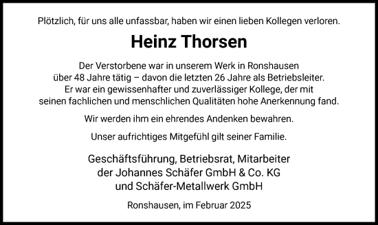 Todesanzeige von Heinz Thorsen von HNA