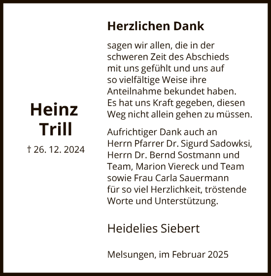 Todesanzeige von Heinz Trill von HNA