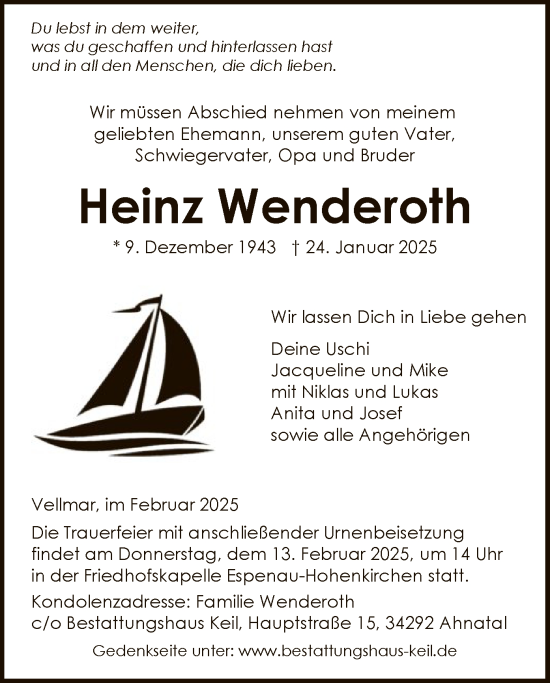 Todesanzeige von Heinz Wenderoth von HNA