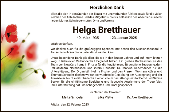 Todesanzeige von Helga Bretthauer von HNA