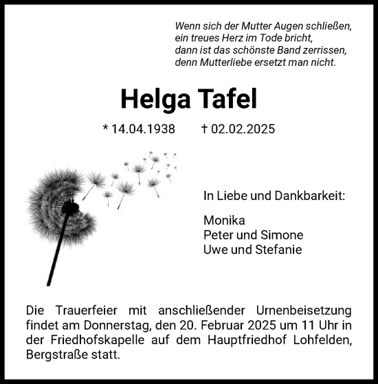 Todesanzeige von Helga Tafel von HNA