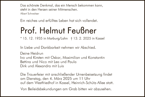 Todesanzeige von Helmut Feußner von HNA