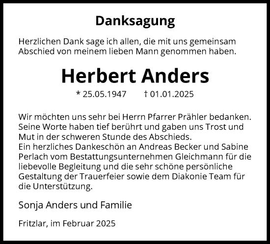 Todesanzeige von Herbert Anders von HNA