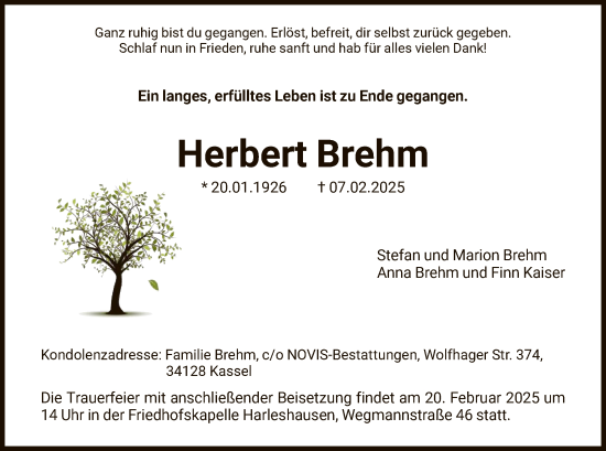 Todesanzeige von Herbert Brehm von HNA