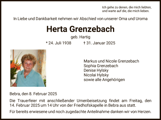 Todesanzeige von Herta Grenzebach von HNA