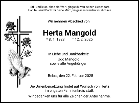 Todesanzeige von Herta Mangold von HNA
