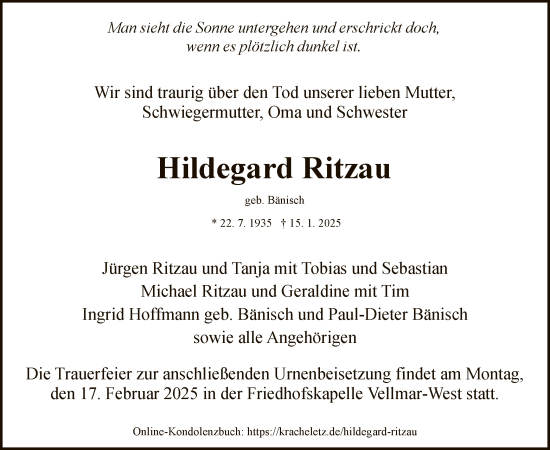 Todesanzeige von Hildegard Ritzau von HNA