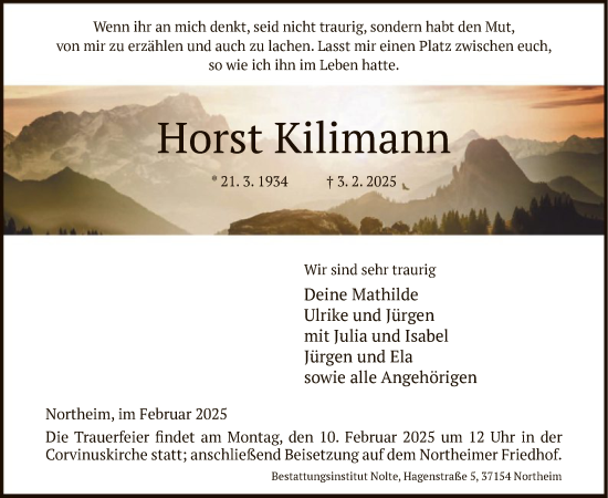 Todesanzeige von Horst Kilimann von HNA