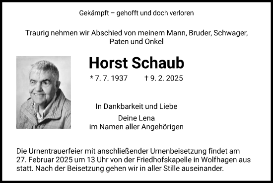 Todesanzeige von Horst Schaub von HNA