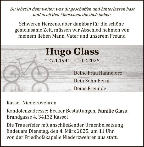 Todesanzeige von Hugo Glass von HNA