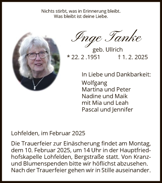 Todesanzeige von Inge Tanke von HNA