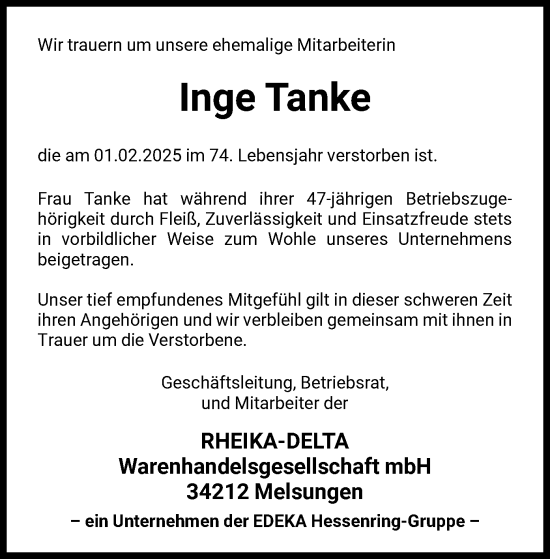 Todesanzeige von Inge Tanke von HNA