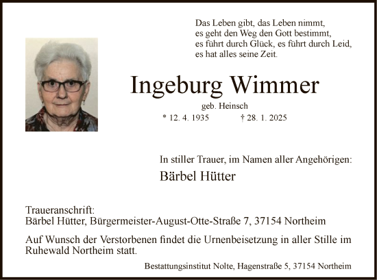 Todesanzeige von Ingeburg Wimmer von HNA