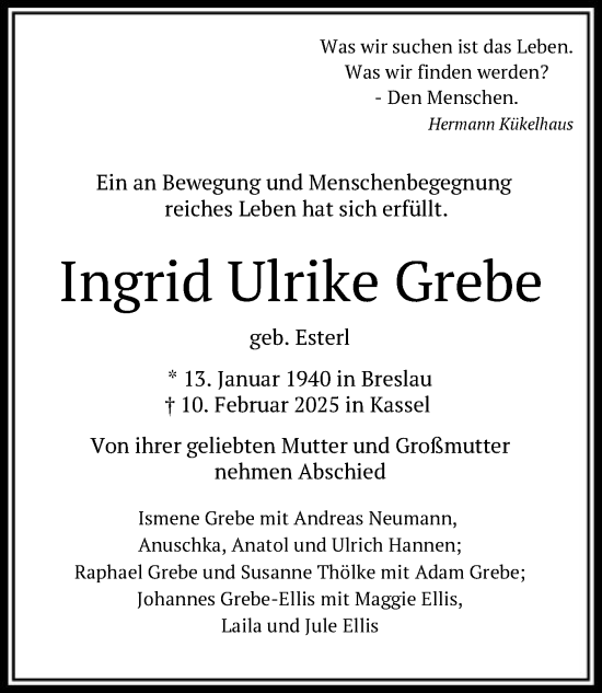 Todesanzeige von Ingrid Ulrike Grebe von HNA