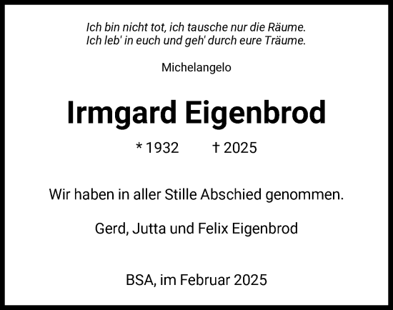 Todesanzeige von Irmgard Eigenbrod von HNA
