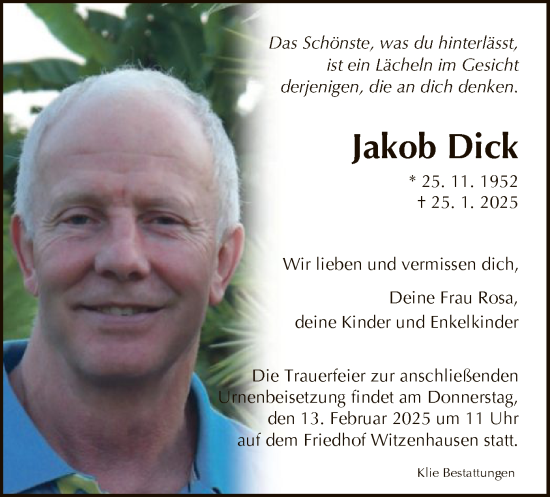 Todesanzeige von Jakob Dick von HNA