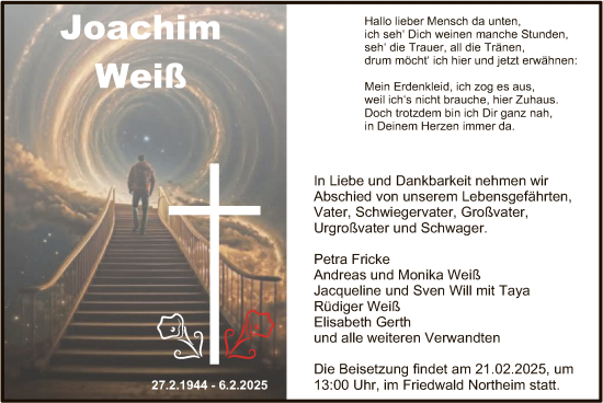 Todesanzeige von Joachim Weiß von HNA