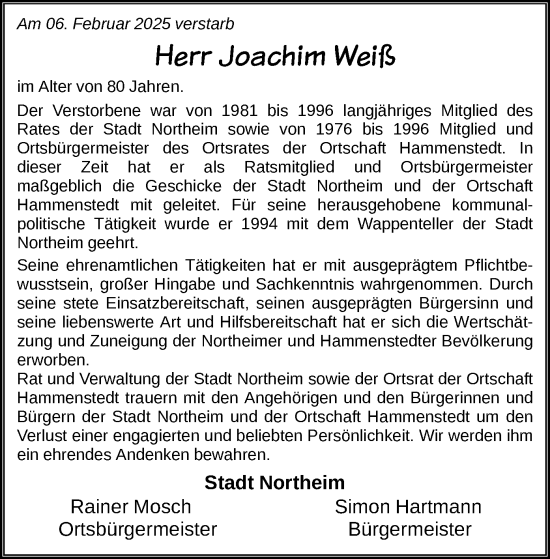 Todesanzeige von Joachim Weiß von HNA
