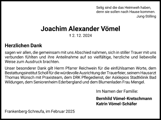 Todesanzeige von Joachim Alexander Vömel von HNA
