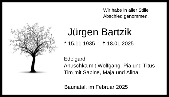 Todesanzeige von Jürgen Bartzik von HNA