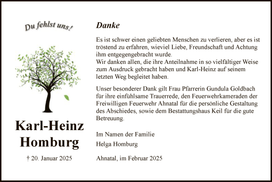 Todesanzeige von Karl-Heinz Homburg von HNA