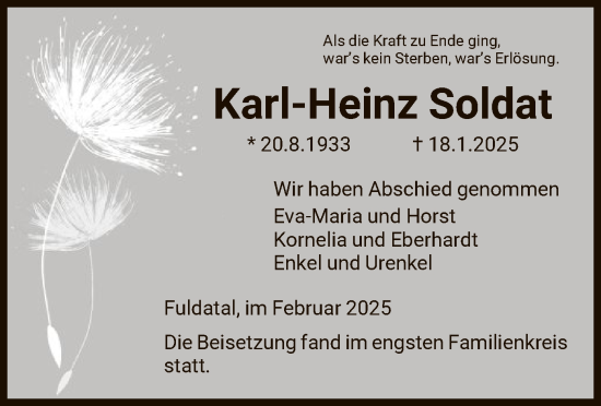 Todesanzeige von Karl-Heinz Soldat von HNAHNA