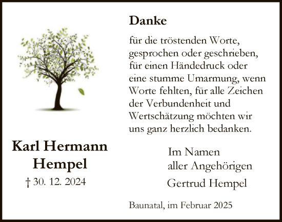 Todesanzeige von Karl Hermann Hempel von HNA