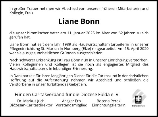 Todesanzeige von Liane Bonn von HNA