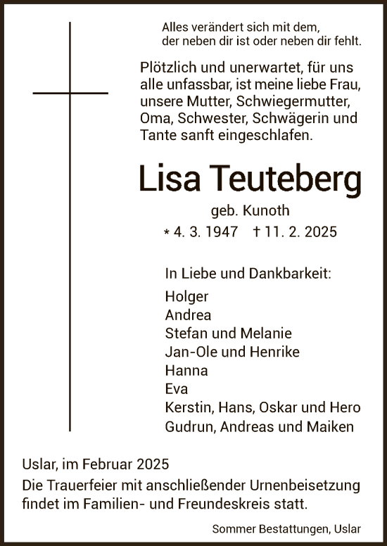 Todesanzeige von Lisa Teuteberg von HNA